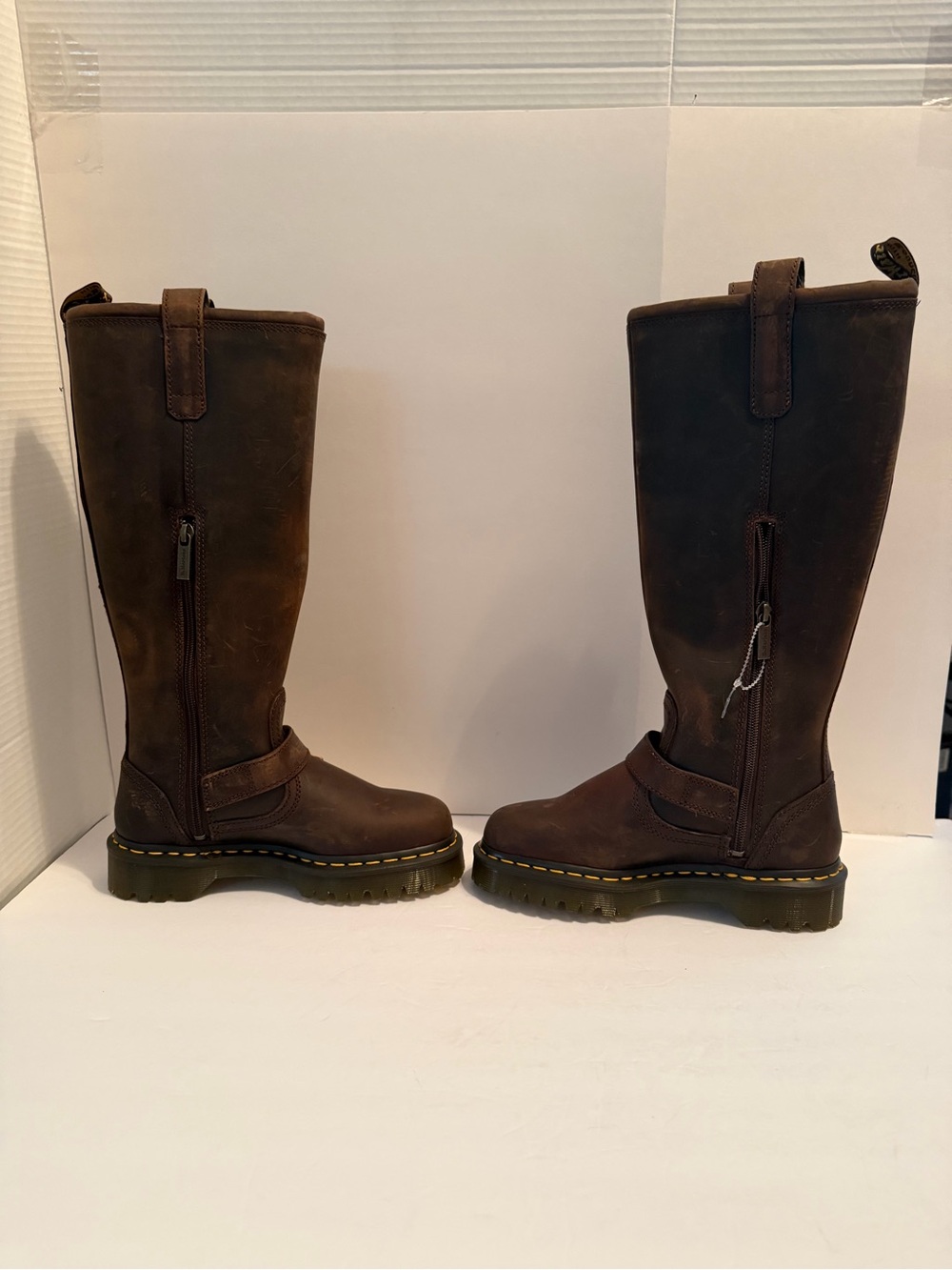 NWT Dr. Martens Anistone Brown Tall Harness Boots with Yellow Stitching - Picture 6 of 11